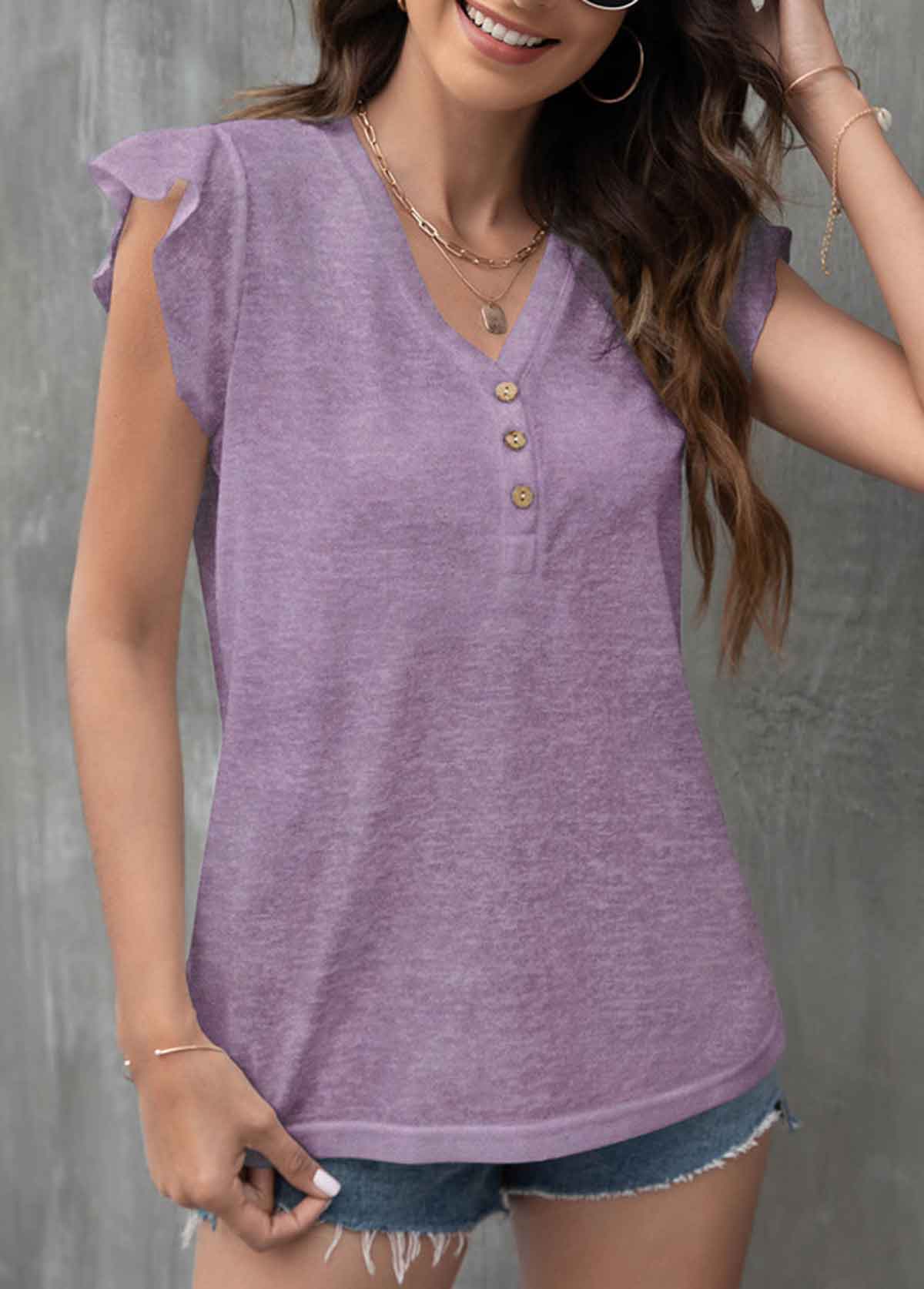 Button Detail Dusty Purple Flounce T Shirt