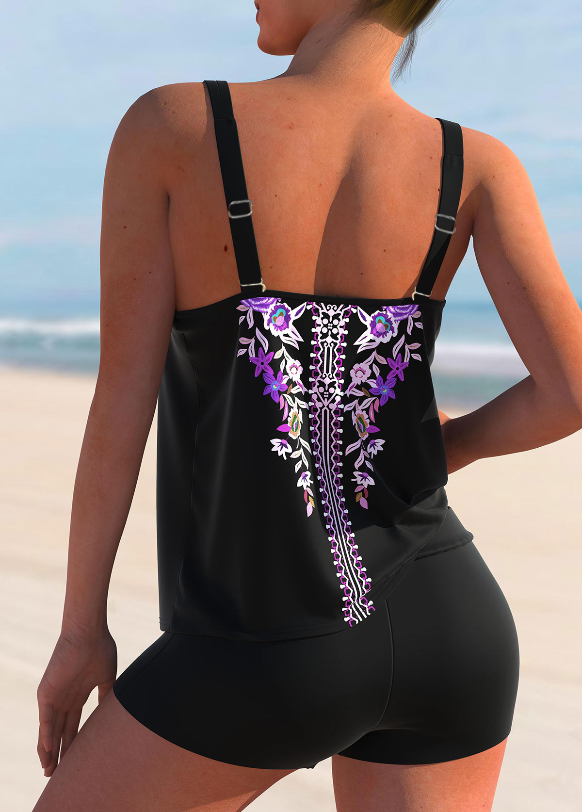 Purple swimwear,Tribal swimwear,ROTITA Tribal Print Double Straps Purple Tankini Top