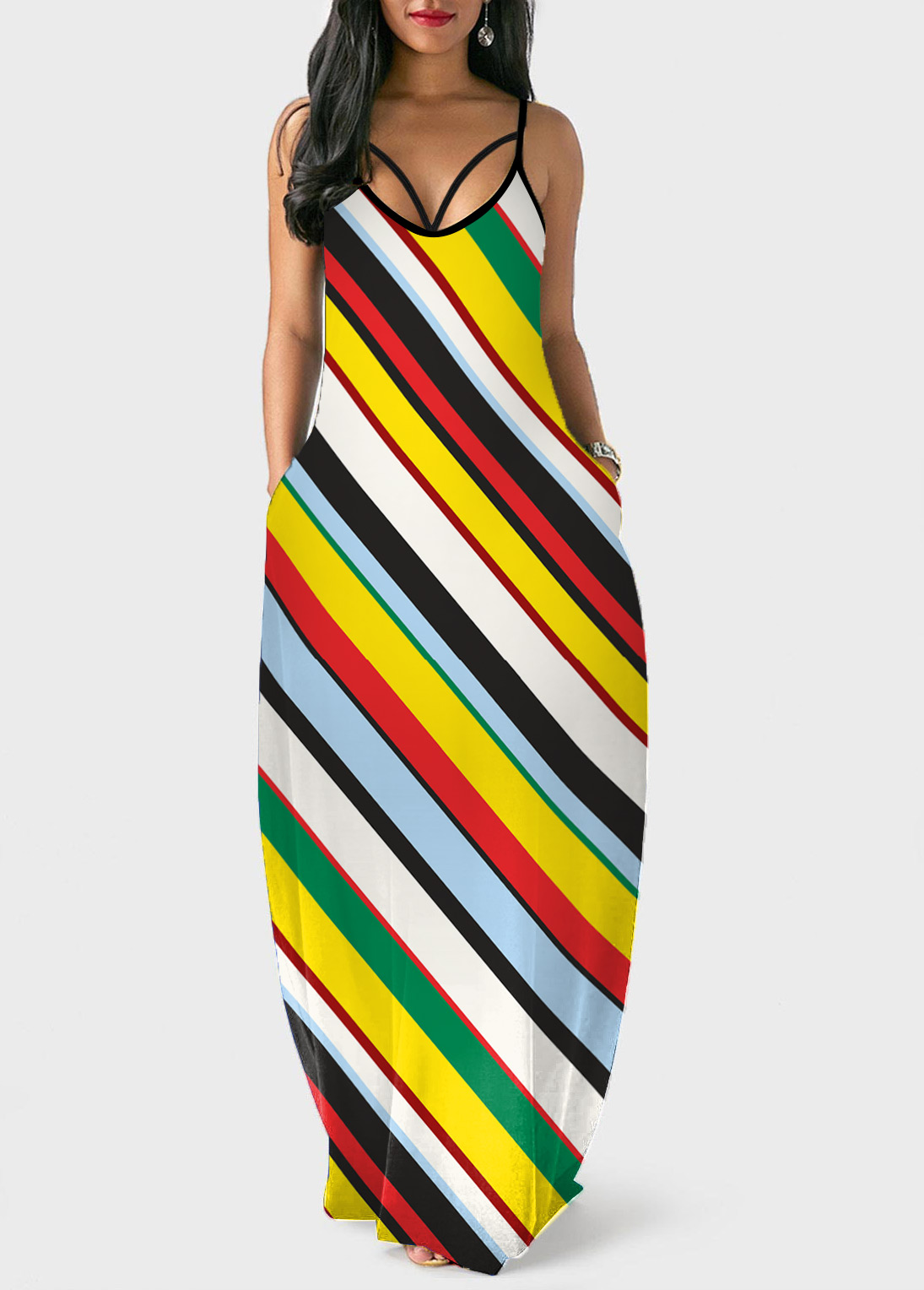 Spaghetti Strap Rainbow Stripe Double Side Pocket Dress