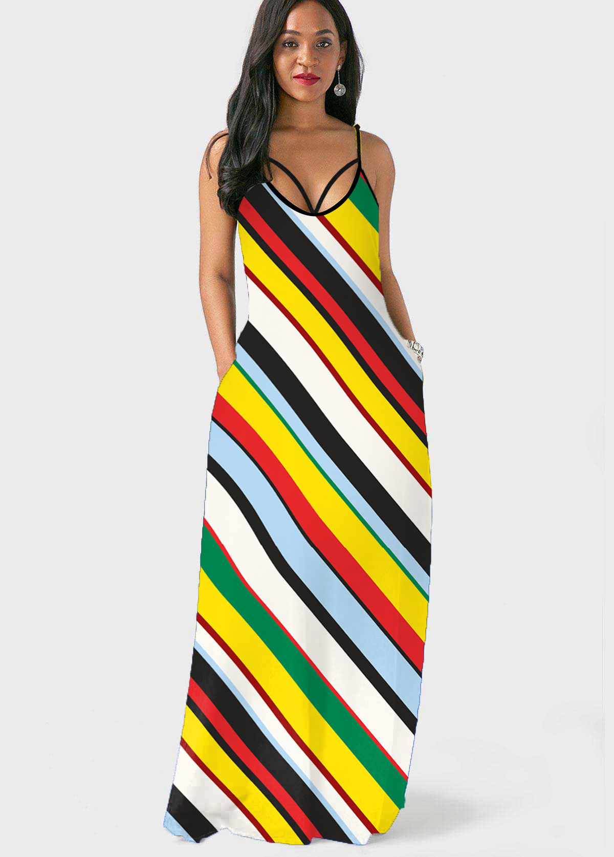 Multi Color dresses,Striped dresses,Spaghetti Strap Rainbow Stripe Double Side Pocket Dress
