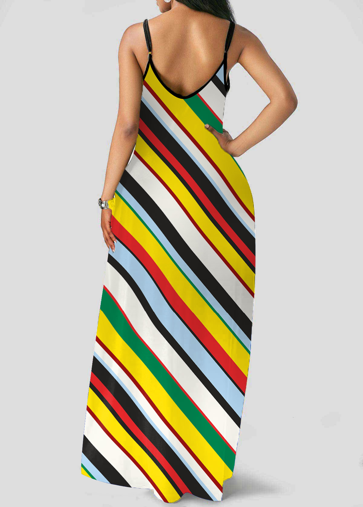 Multi Color dresses,Striped dresses,Spaghetti Strap Rainbow Stripe Double Side Pocket Dress