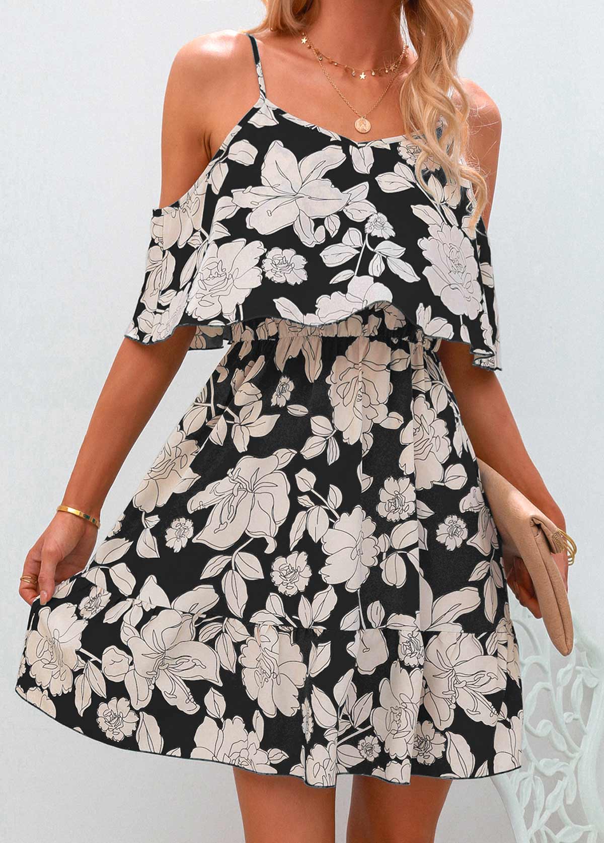 Strappy Cold Shoulder Black Floral Print Dress