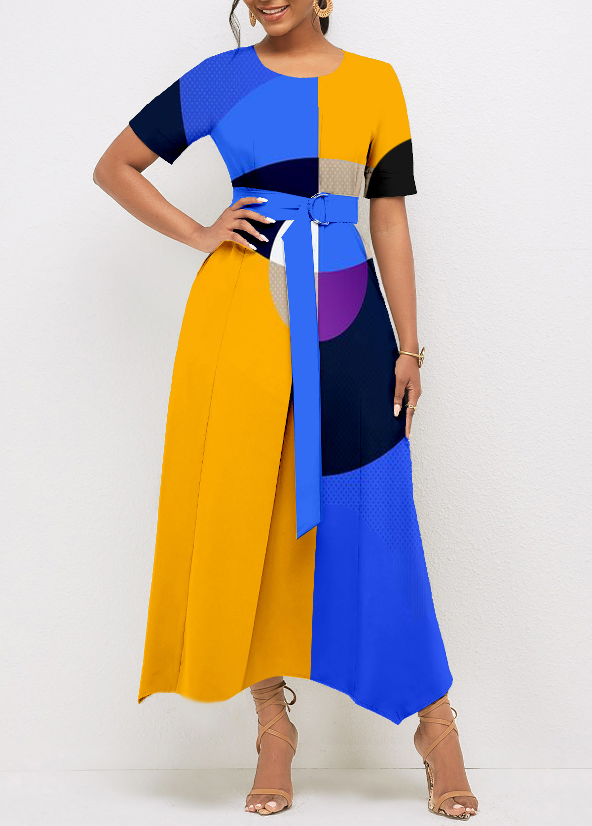 ROTITA Color Block Belted Geometric Print Dress