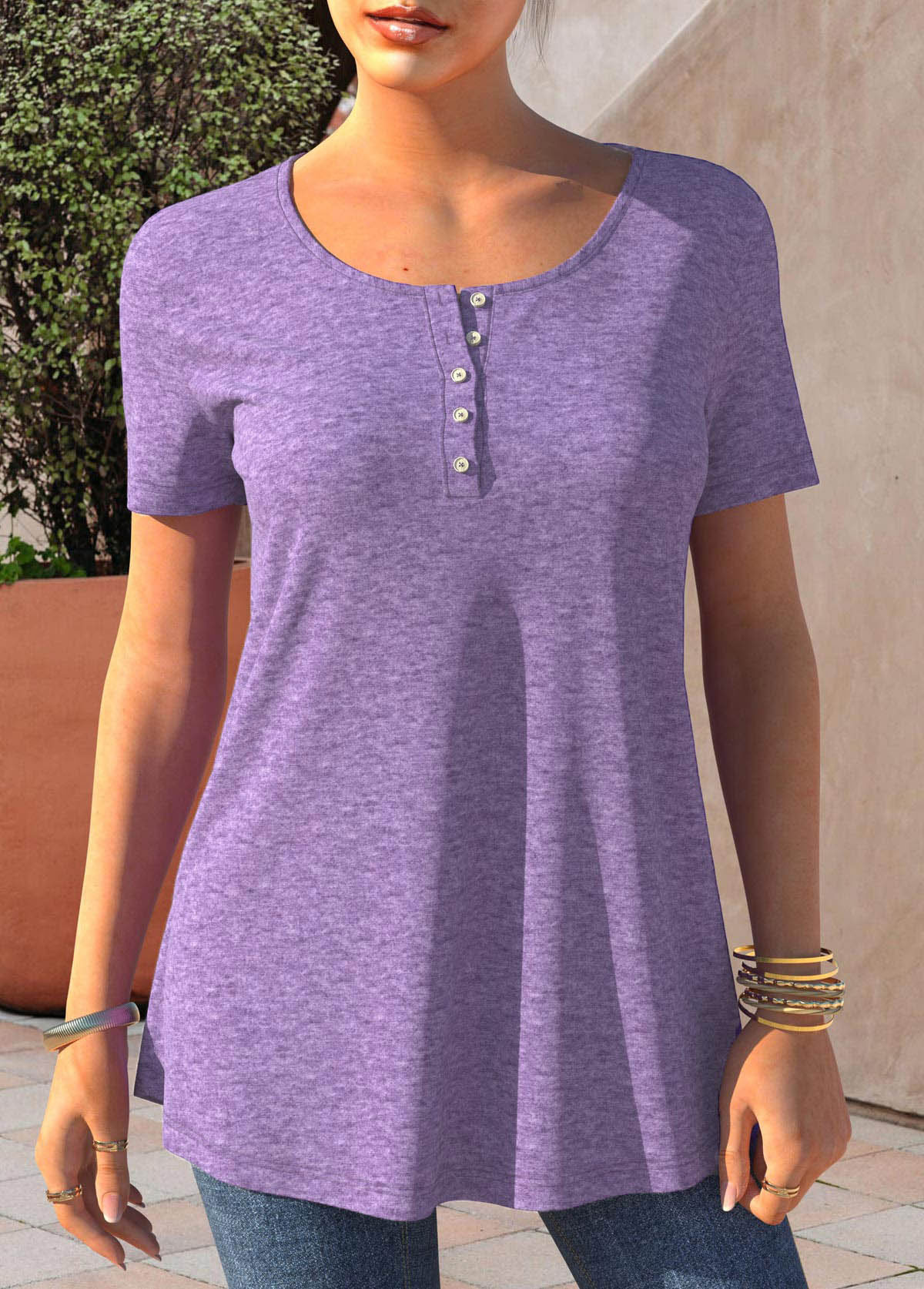 ROTITA Light Purple Button Detail Short Sleeve T Shirt