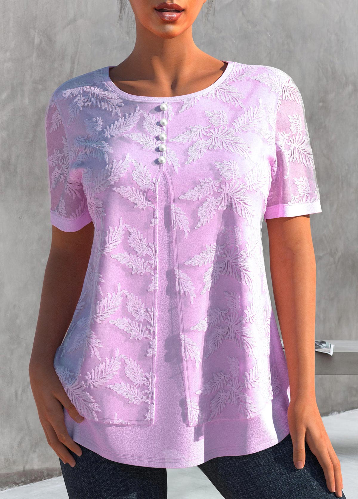 ROTITA Embroidered Light Pink Faux Two Piece T Shirt