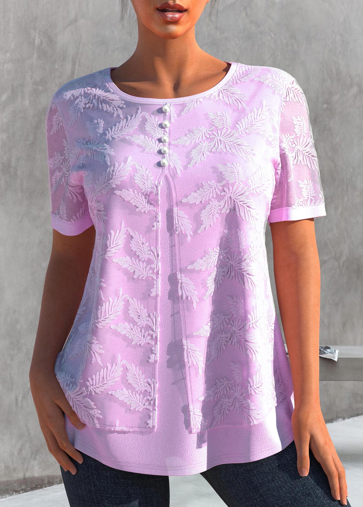 ROTITA - T-shirt deux pièces rose clair en simili brodé