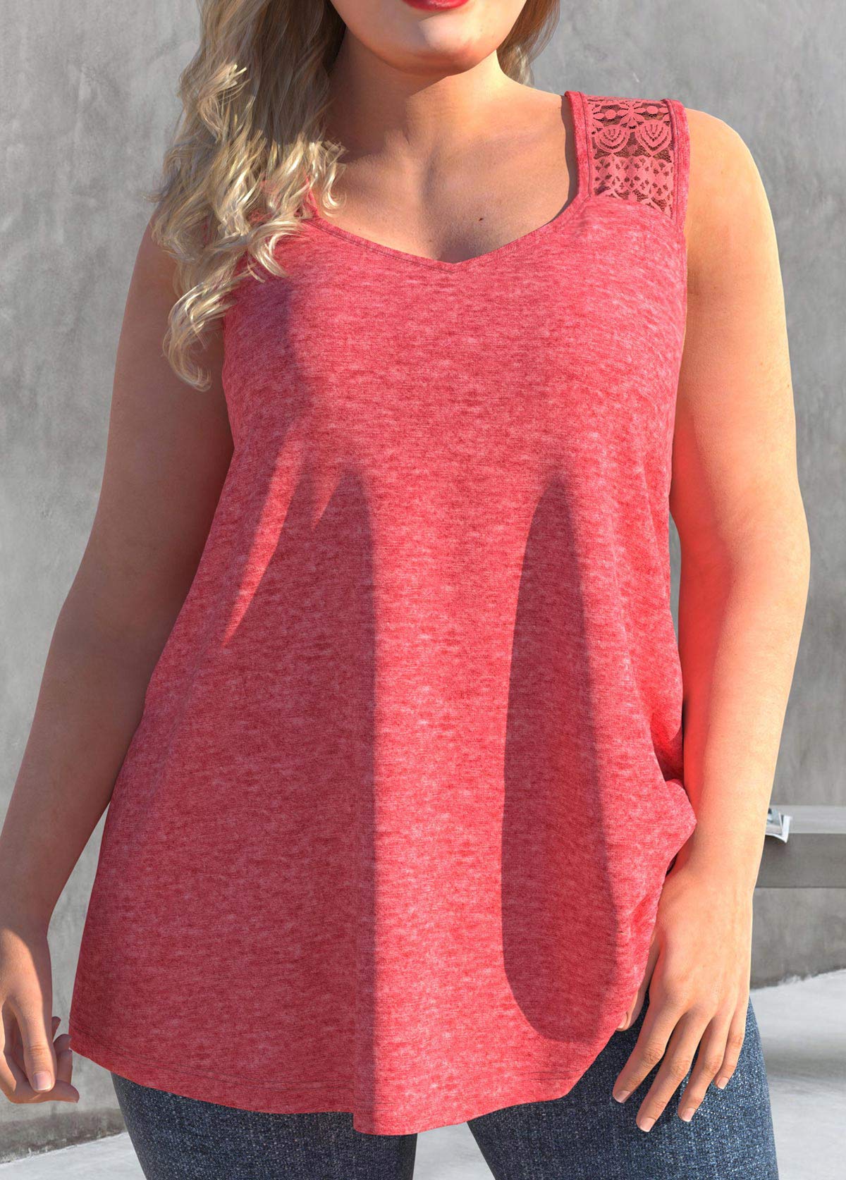 ROTITA Plus Size Pink Lace Stitching Tank Top