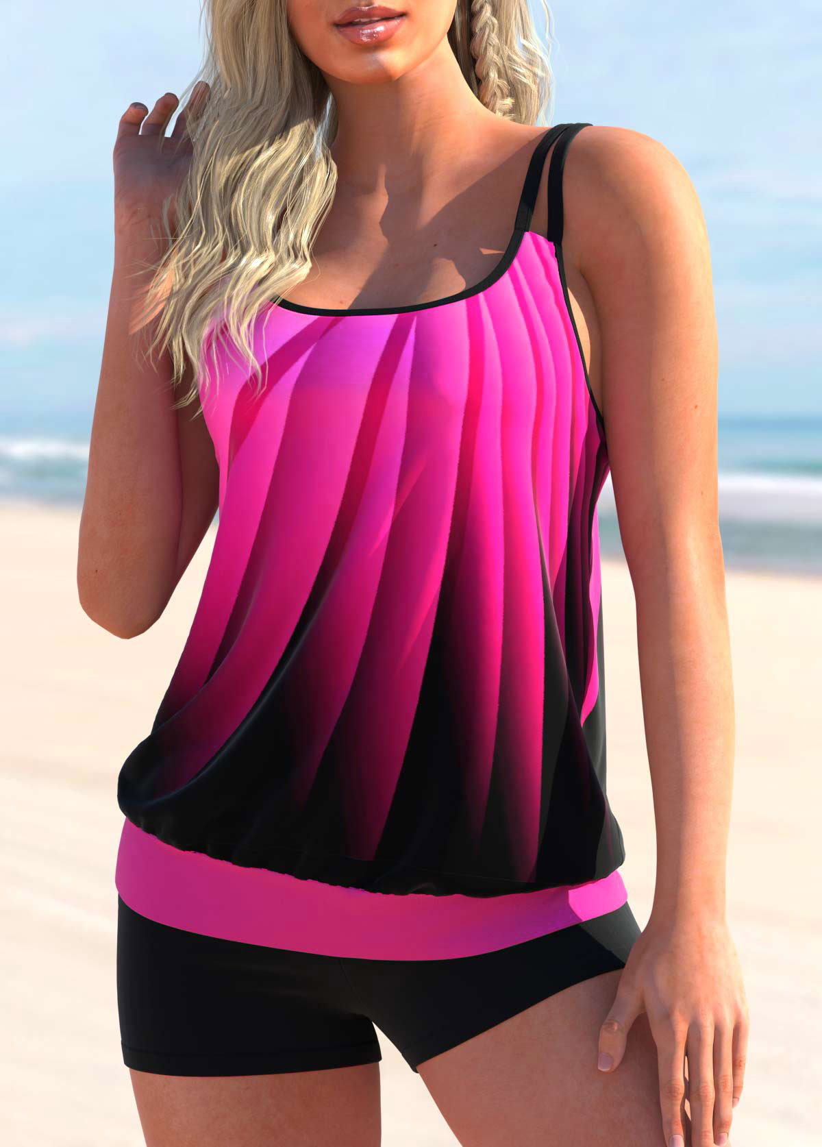 Hot Pink swimwear,Ombre swimwear,ROTITA Hot Pink Double Straps Ombre Tankini Top