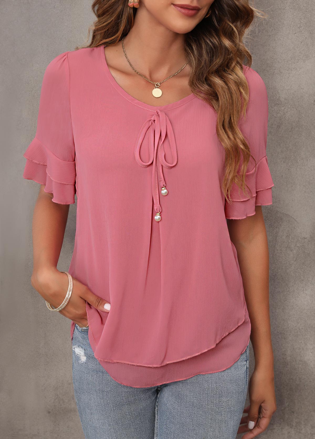 Tie Front Layered Ruffle Hem Dusty Pink T Shirt
