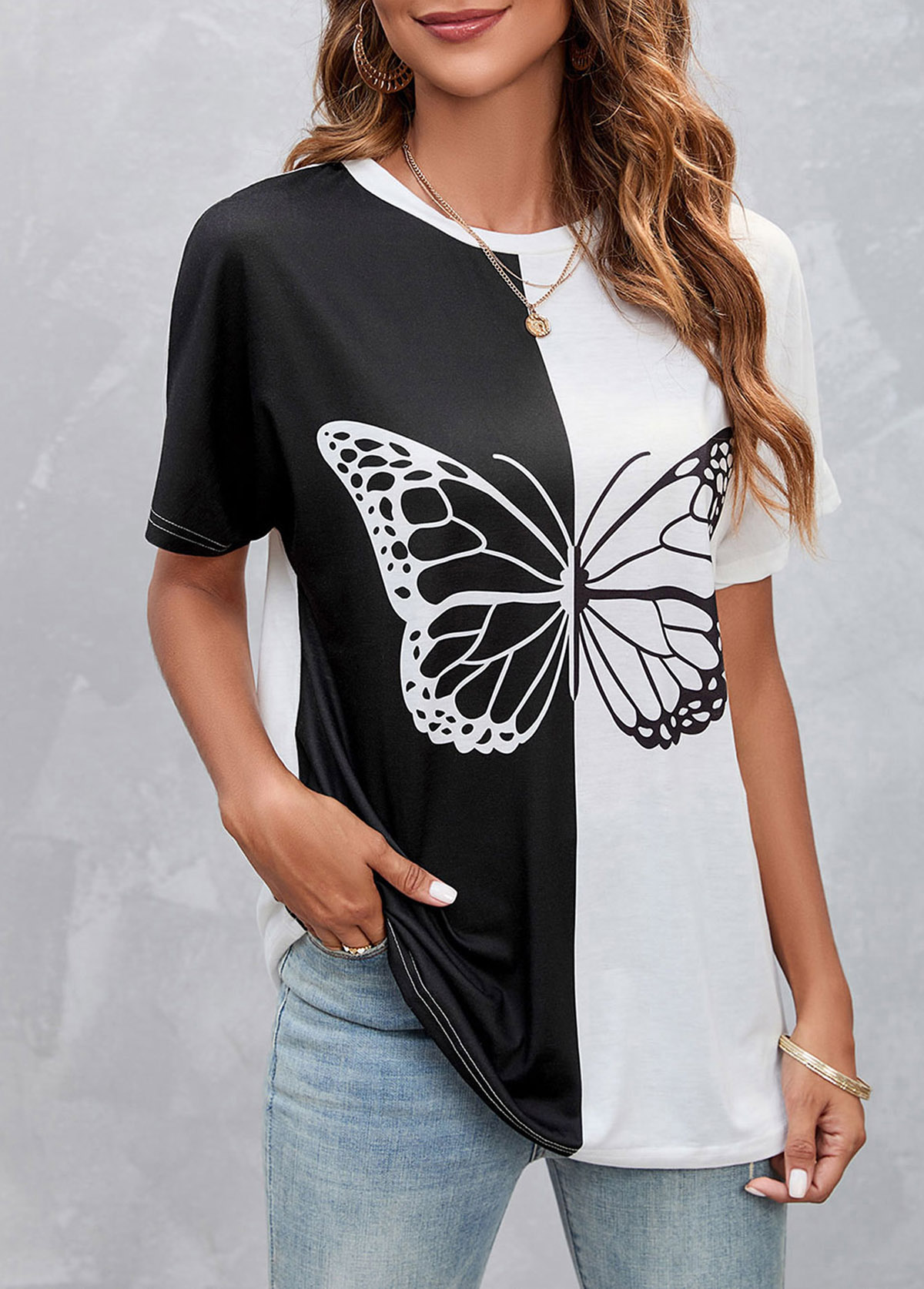 Butterfly Print White Contrast T Shirt