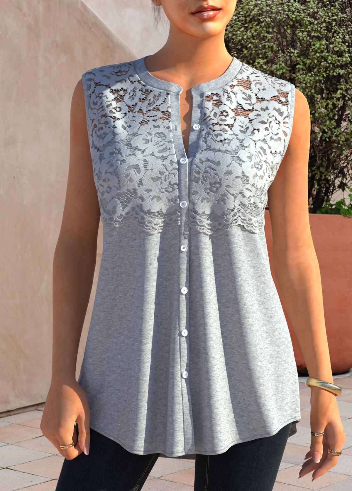 ROTITA Lace Stitching Grey Marl Button Detail Tank Top