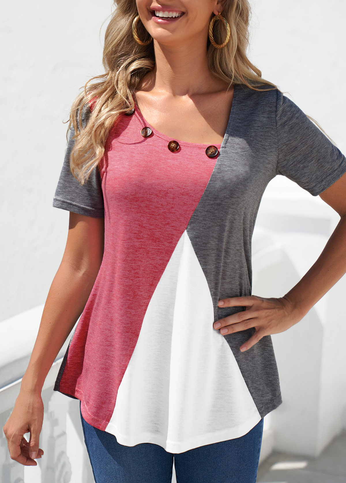 Grey tops,Plain Color tops,ROTITA Decorative Button Grey Short Sleeve Contrast T Shirt