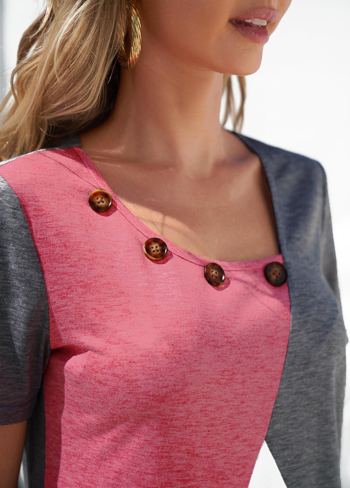 Grey tops,Plain Color tops,ROTITA Decorative Button Grey Short Sleeve Contrast T Shirt