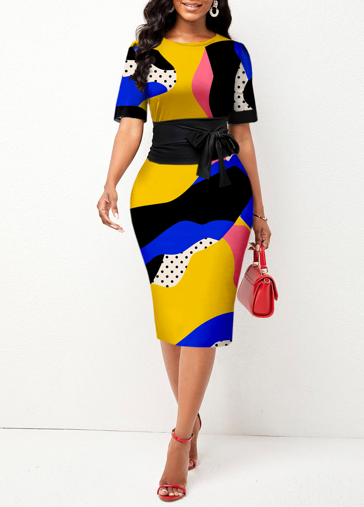 Multi Color dresses,Geometric dresses,ROTITA Graffiti Print Tie Front Multi Color Dress