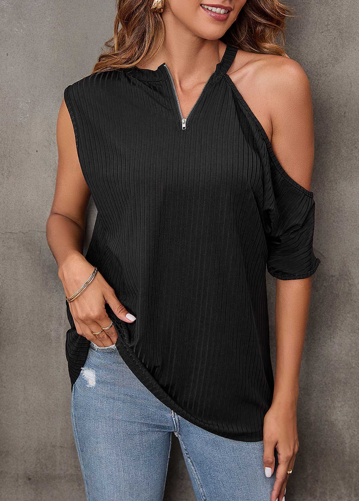 Black tops,Plain Color tops,Cold Shoulder Black Quarter Zip T Shirt