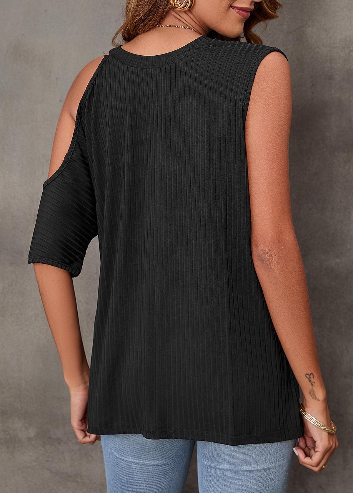 Black tops,Plain Color tops,Cold Shoulder Black Quarter Zip T Shirt