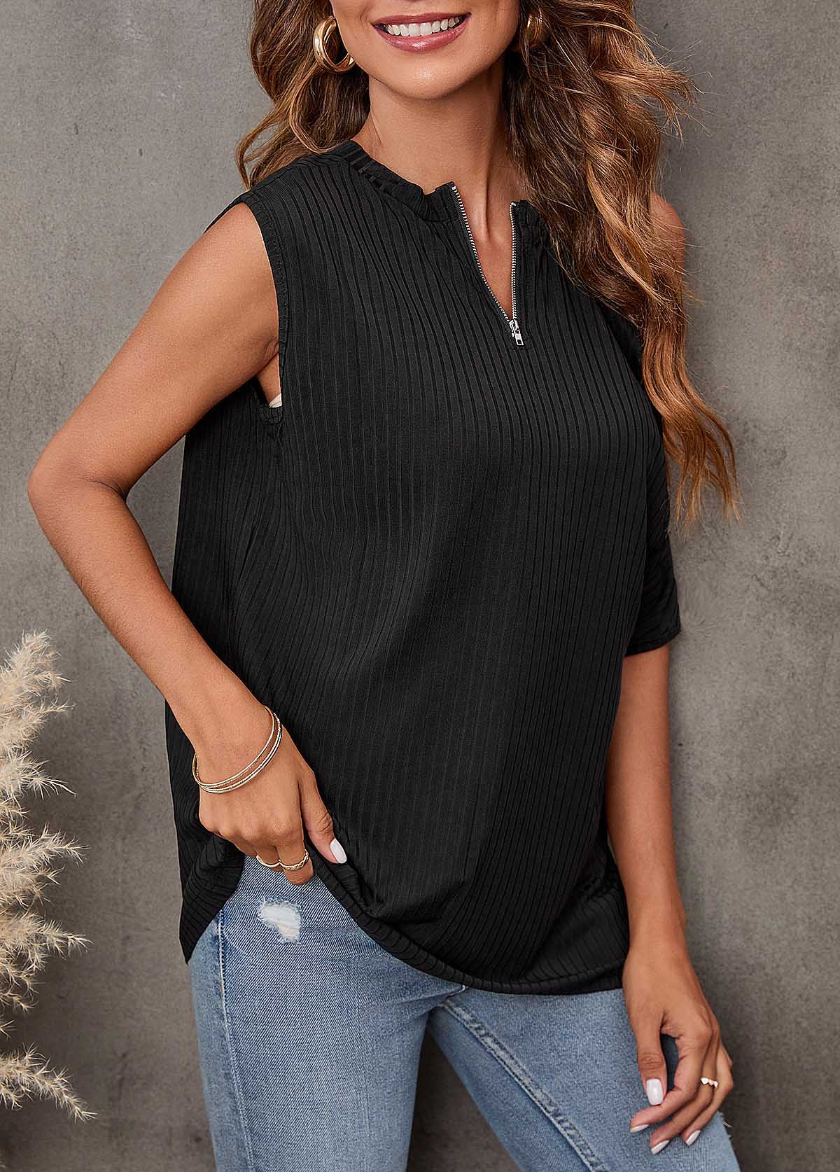 Black tops,Plain Color tops,Cold Shoulder Black Quarter Zip T Shirt
