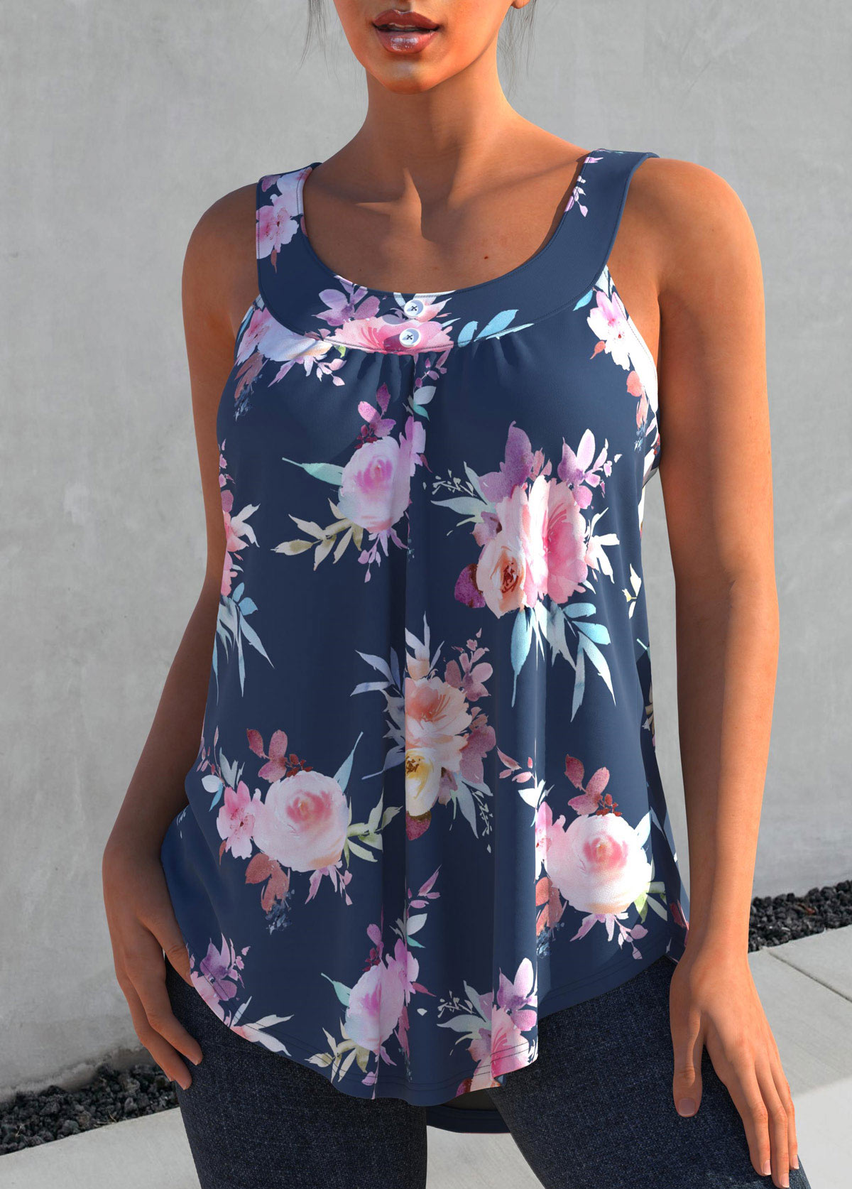 Blue tops,Floral tops,ROTITA Floral Print Wide Strap Blue Tank Top