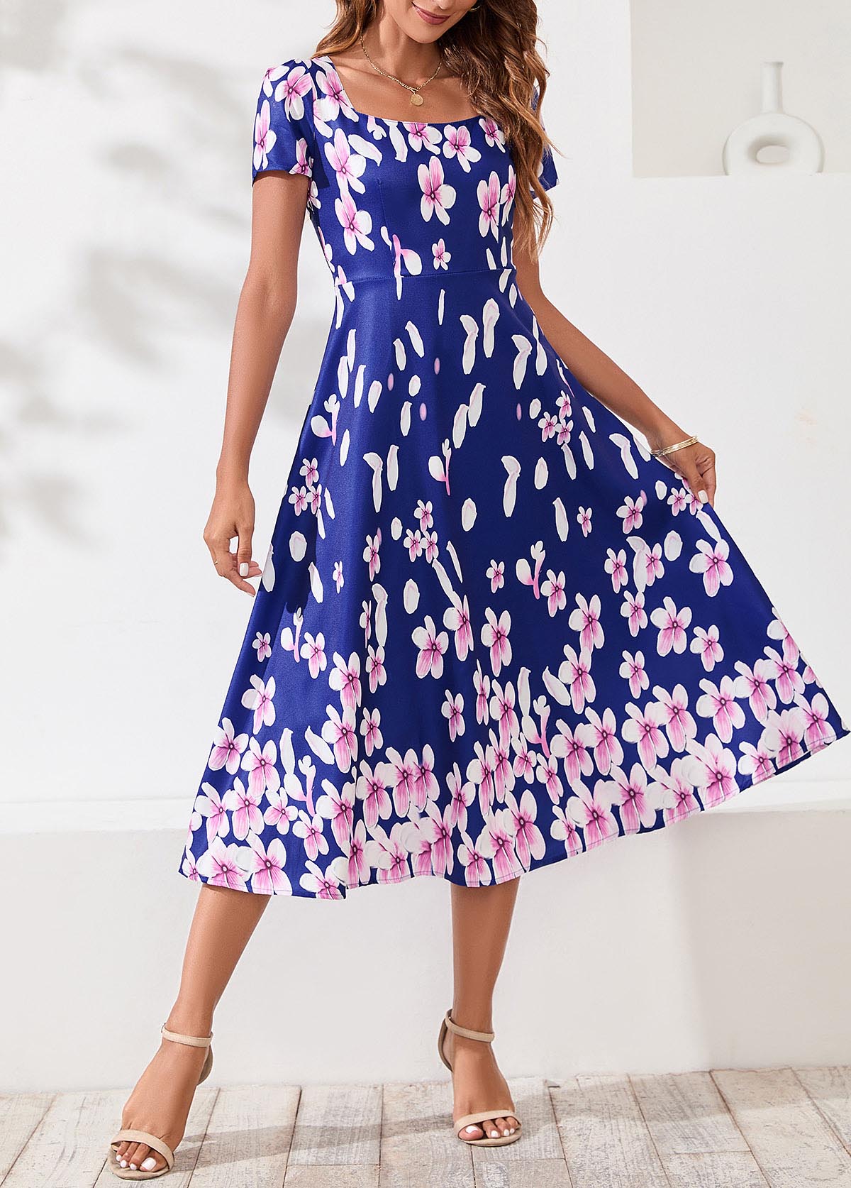 Floral Print Navy Blue Square Collar Dress