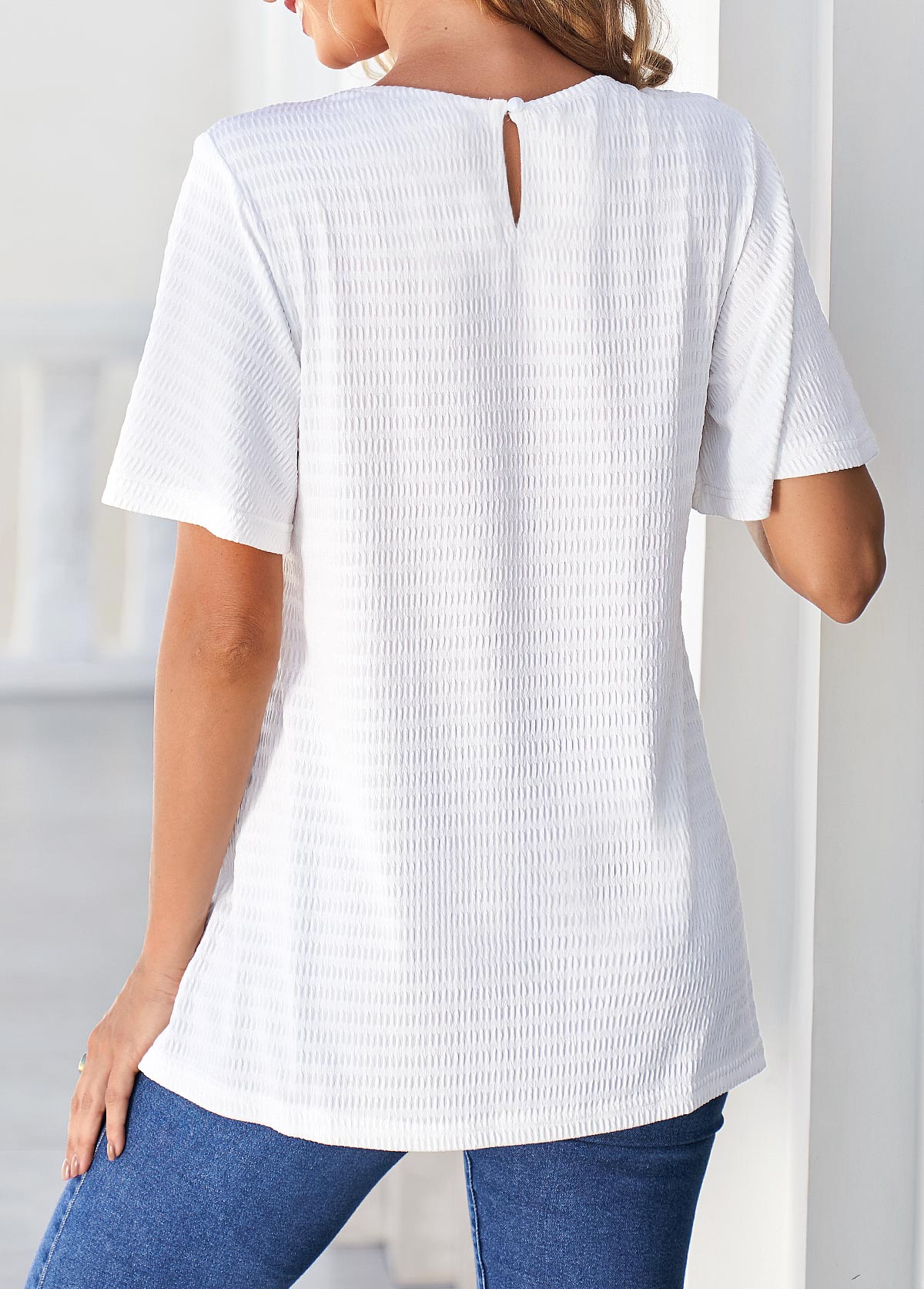 White tops,Plain Color tops,ROTITA Lace Patchwork White Short Sleeve T Shirt