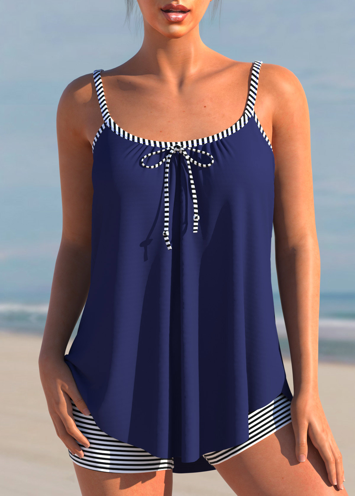 Navy swimwear,Striped swimwear,ROTITA Navy Blue Striped Bowknot Tankini Set