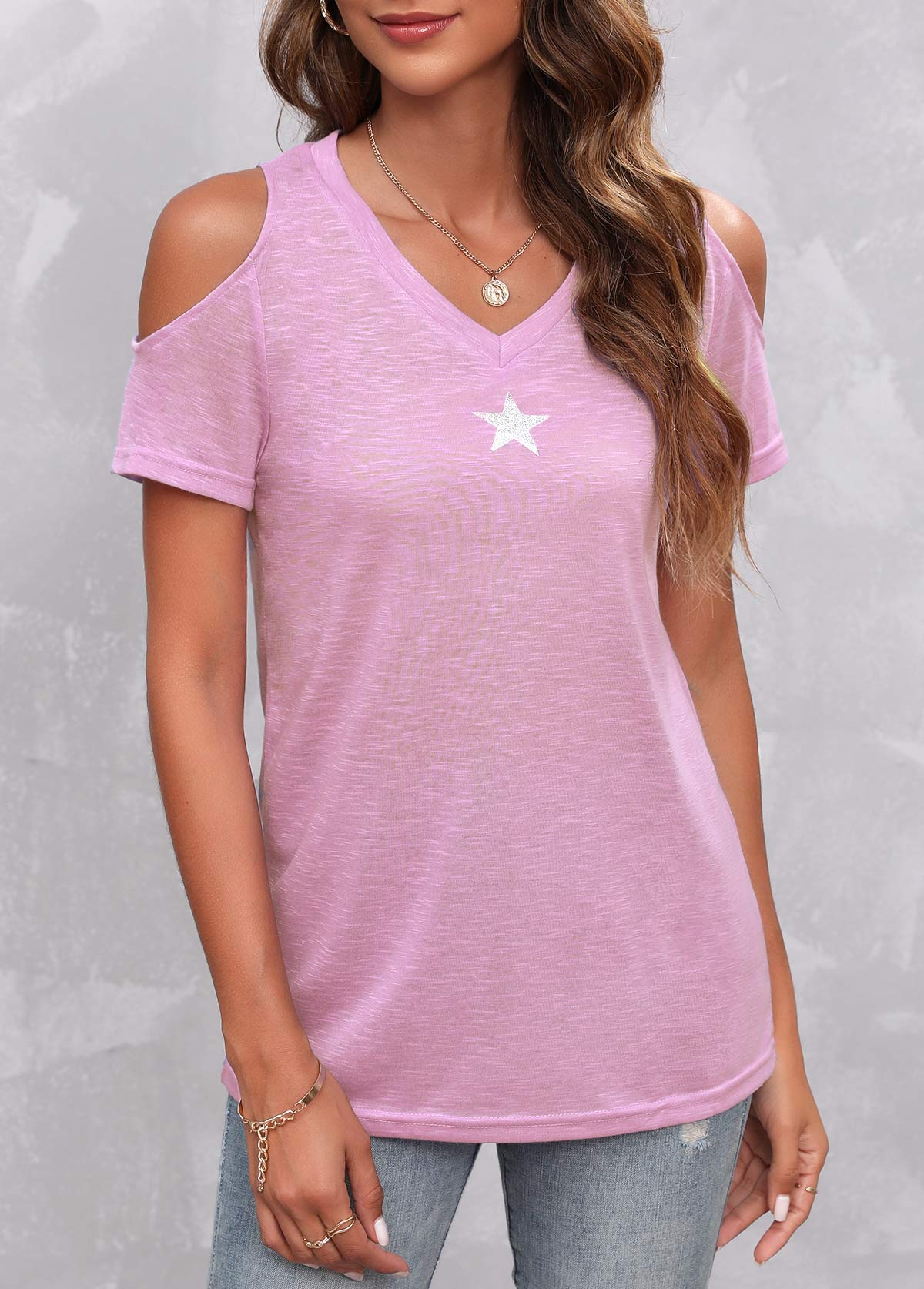 Light Pink tops,Galaxy tops,Cold Shoulder Star Print Light Pink T Shirt