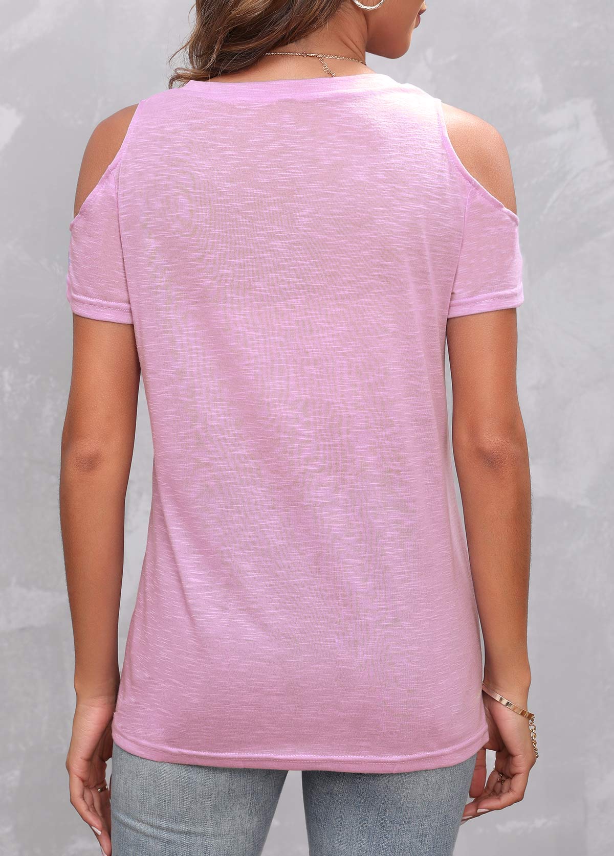 Light Pink tops,Galaxy tops,Cold Shoulder Star Print Light Pink T Shirt