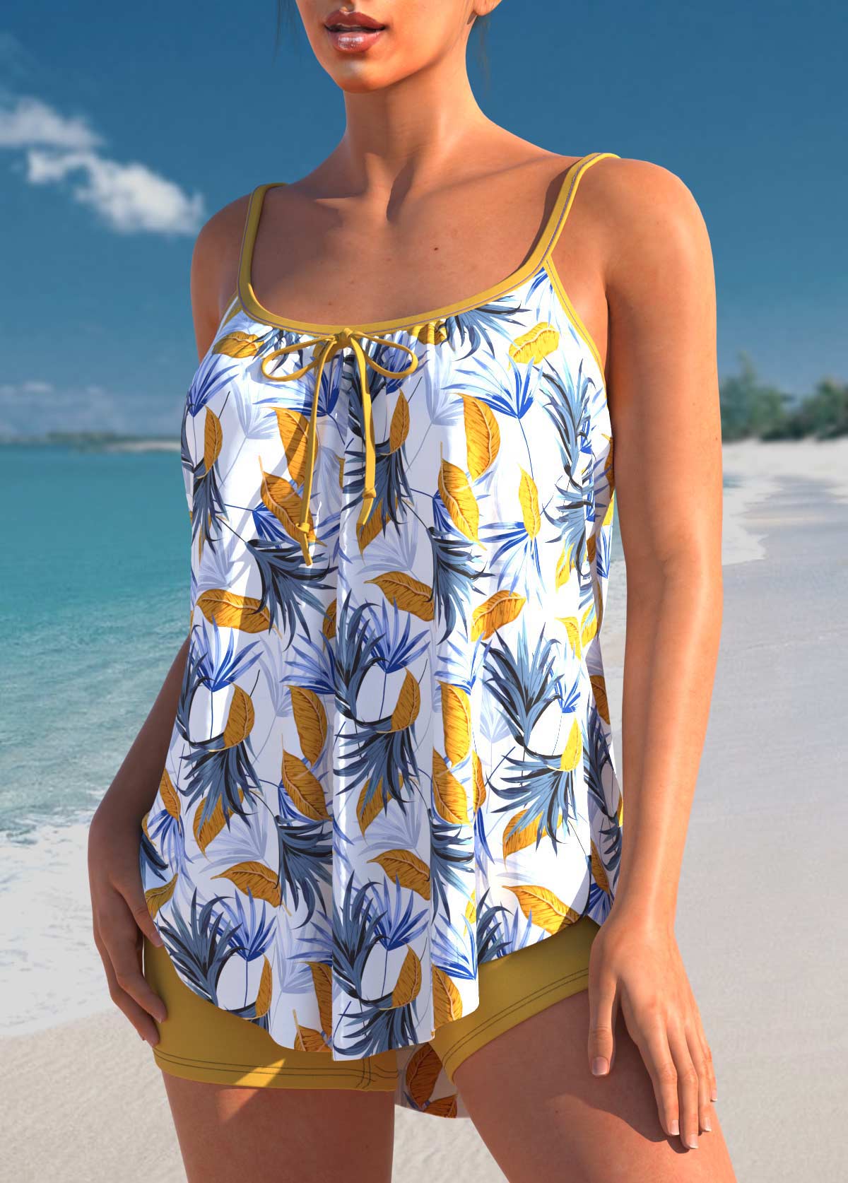 Yellow swimwear,Plain Color swimwear,ROTITA Yellow Leaf Print Bowknot Tankini Set