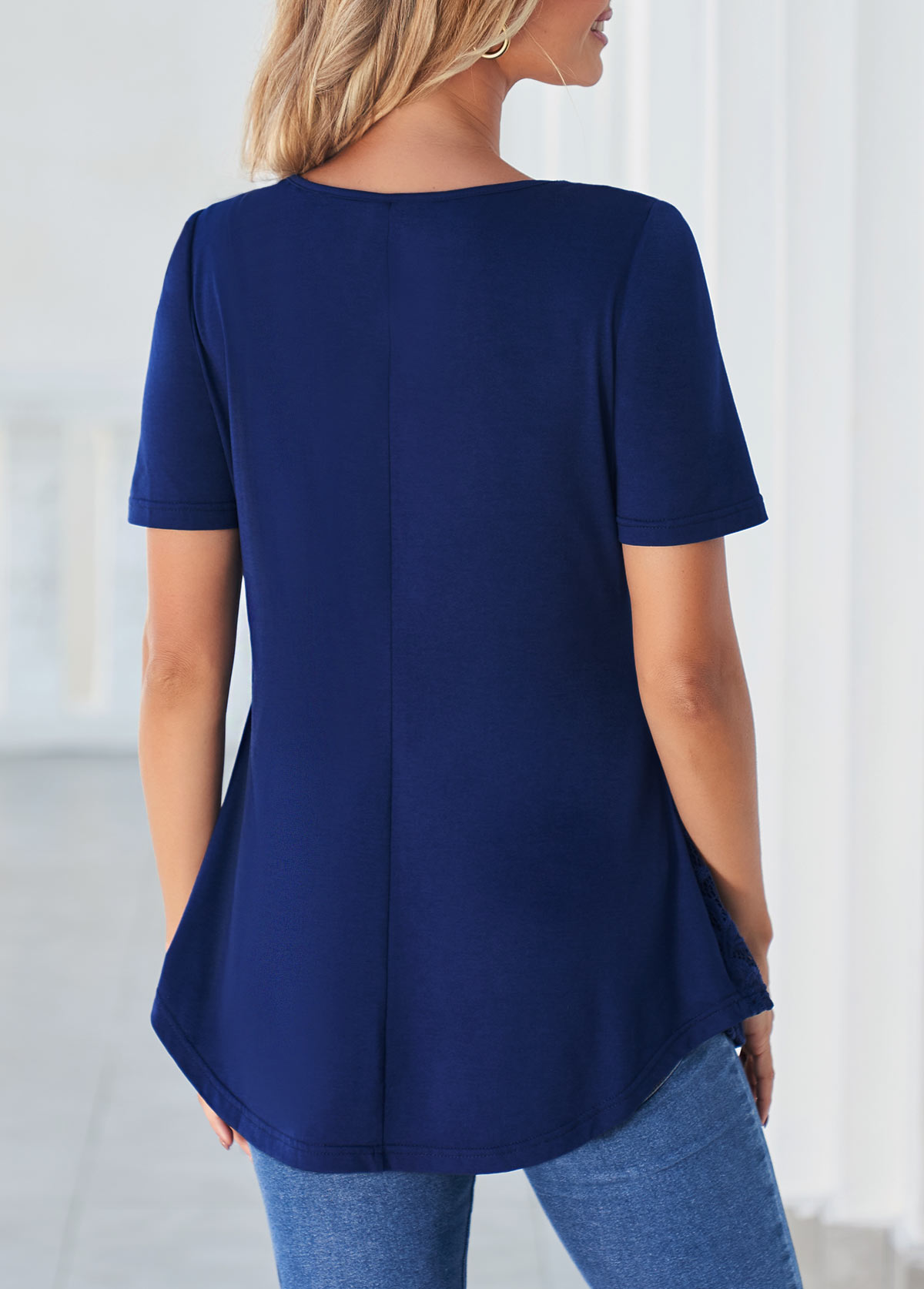 Plain Color tops,ROTITA Navy Blue Lace Stitching Cross Strap T Shirt