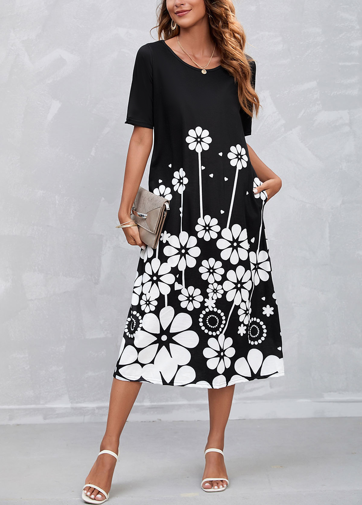 Pocket Black Floral Print Short Sleeve Dress