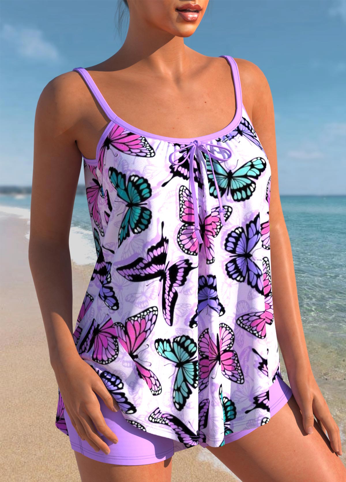 Purple swimwear,Animal Print swimwear,ROTITA Purple Butterfly Print Spaghetti Strap Tankini Set