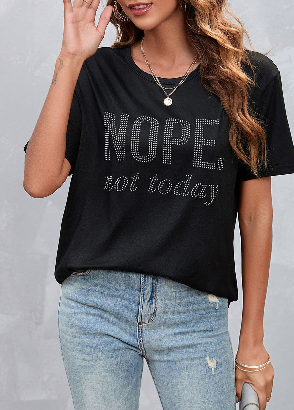 Black tops,Letter tops,Hot Drilling Black Letter Design T Shirt