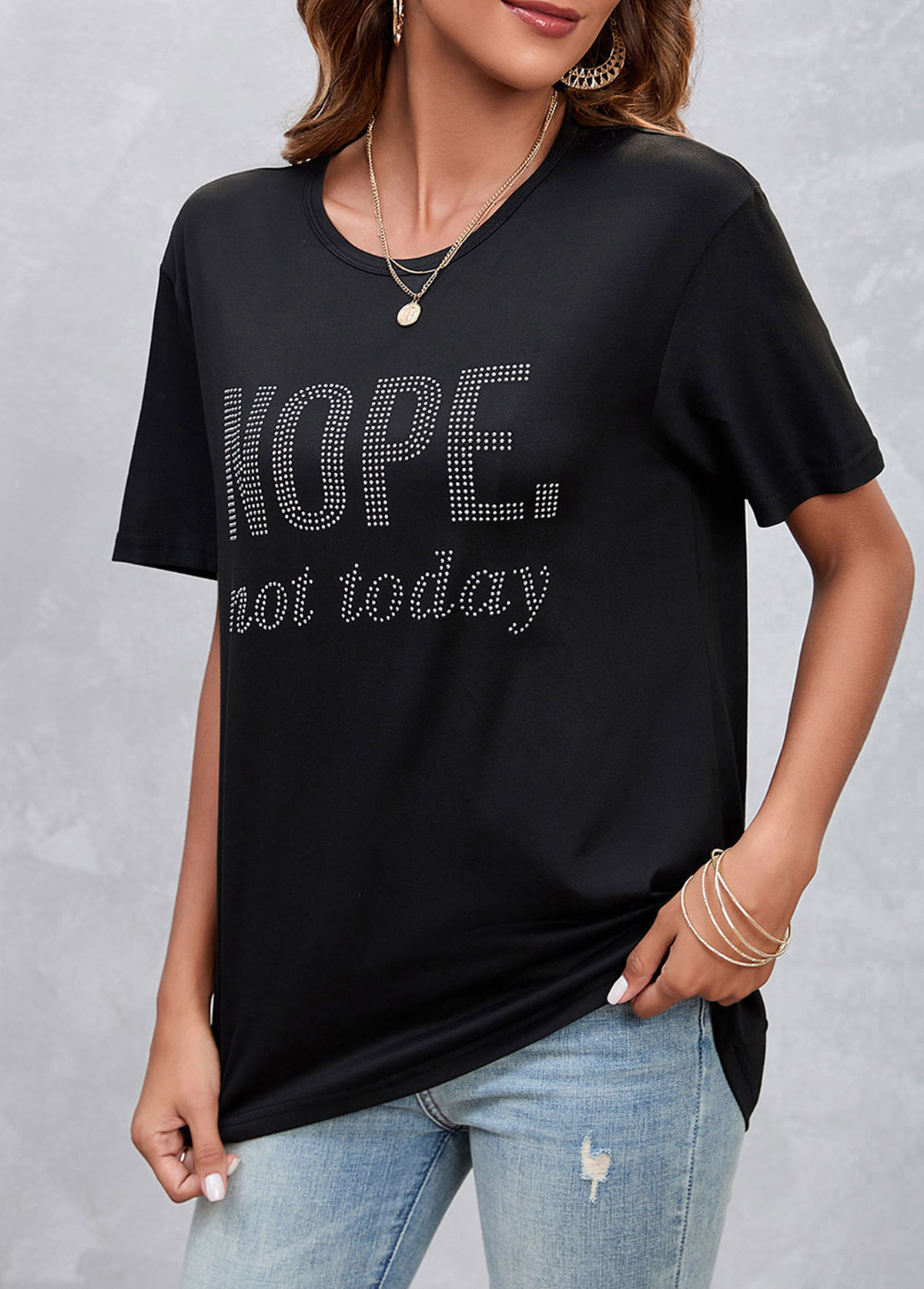 Black tops,Letter tops,Hot Drilling Black Letter Design T Shirt