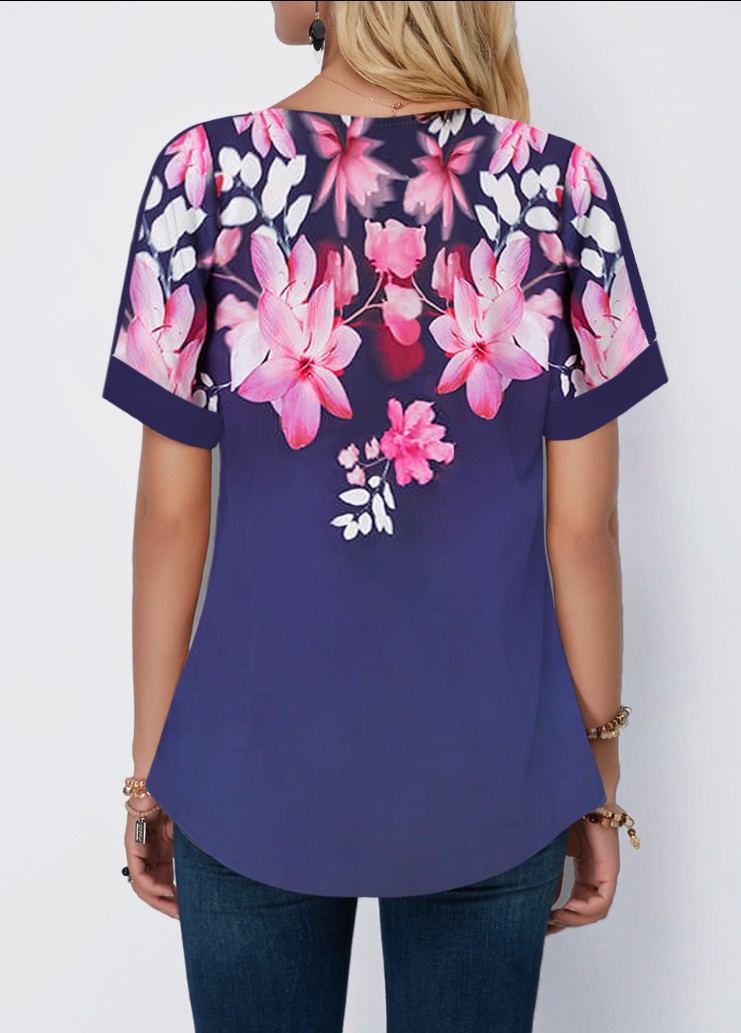 Floral tops,ROTITA Floral Print Navy Blue Split Neck Blouse