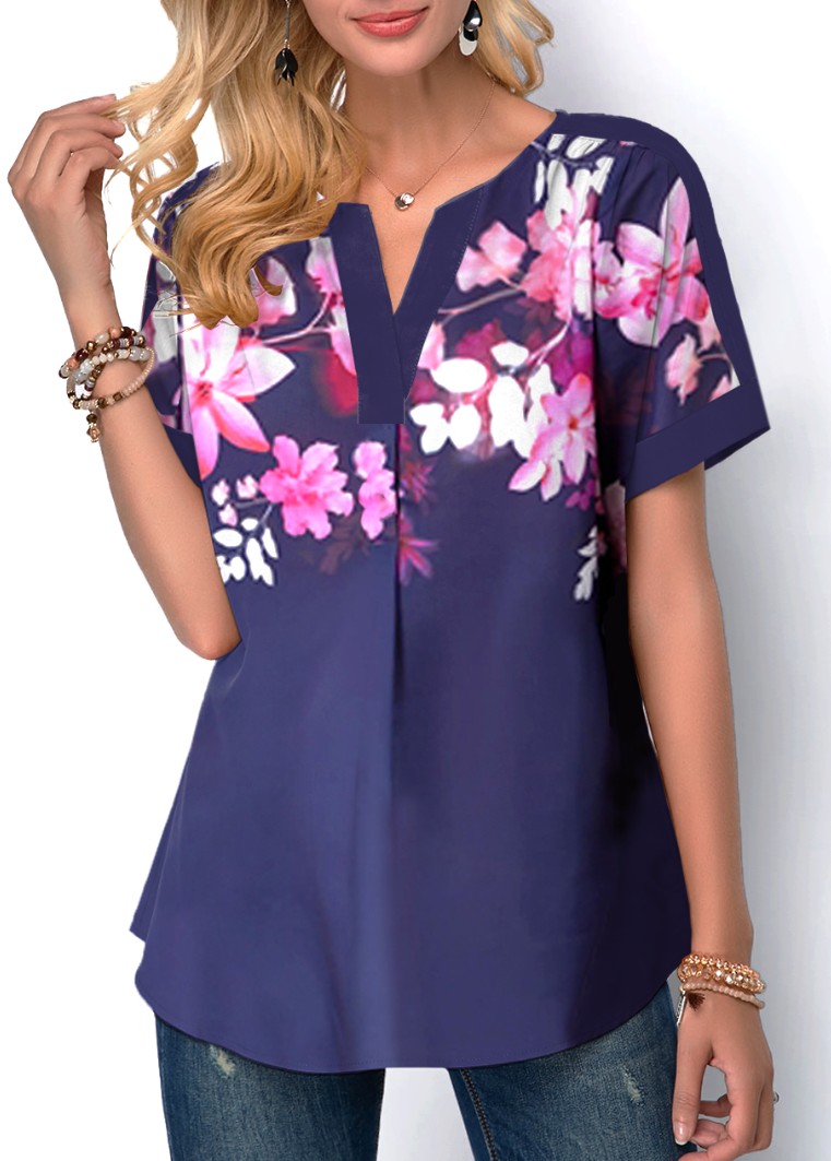 Floral tops,ROTITA Floral Print Navy Blue Split Neck Blouse