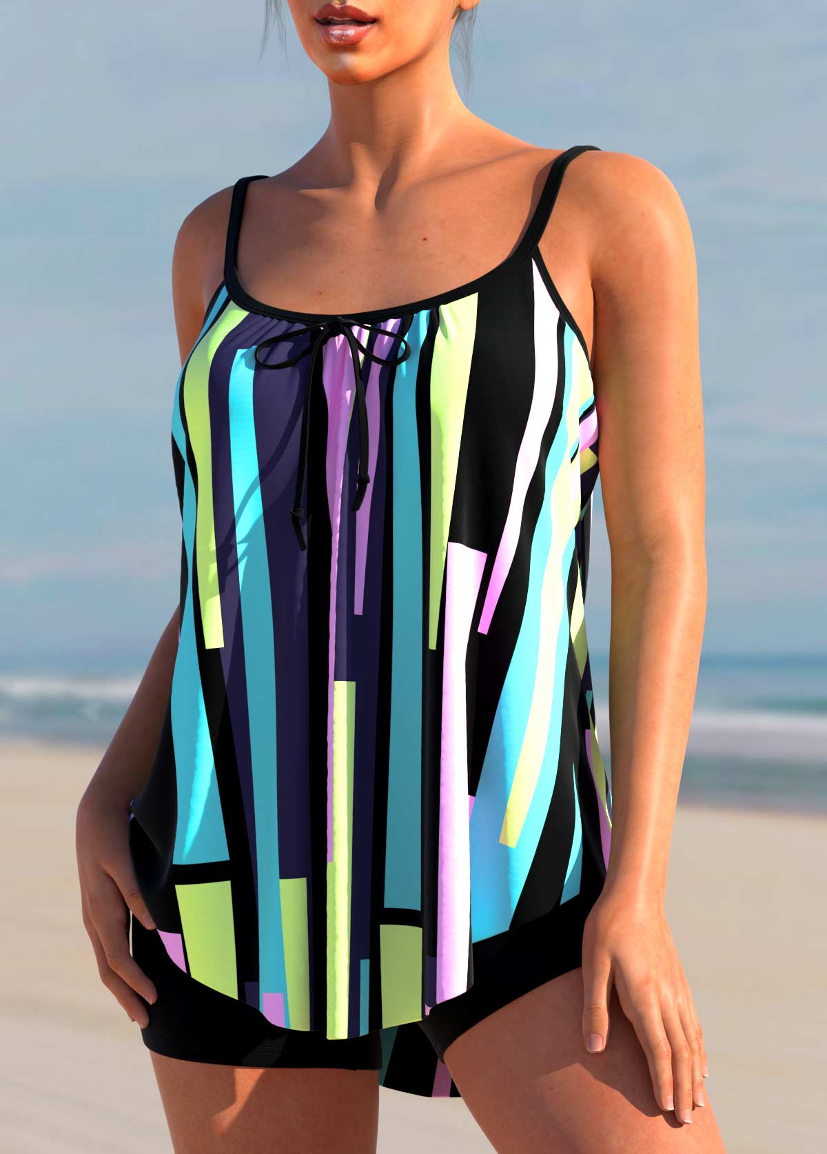 Multi Color swimwear,Geometric swimwear,ROTITA Geometric Print Color Block Bowknot Tankini Set