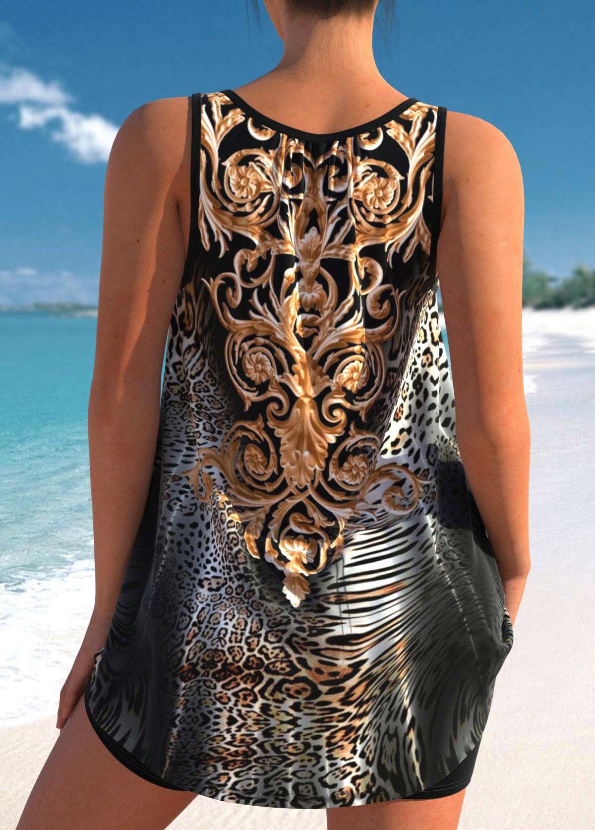 Black swimwear,Tribal swimwear,ROTITA Black Wide Strap Leopard Tankini Top