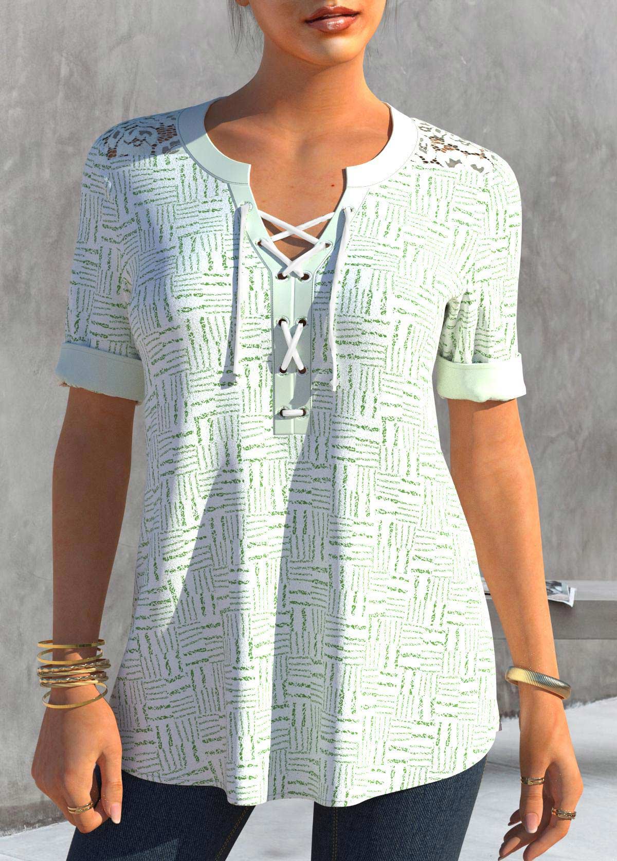 White tops,Geometric tops,ROTITA Lace Stitching Striped Short Sleeve White Blouse
