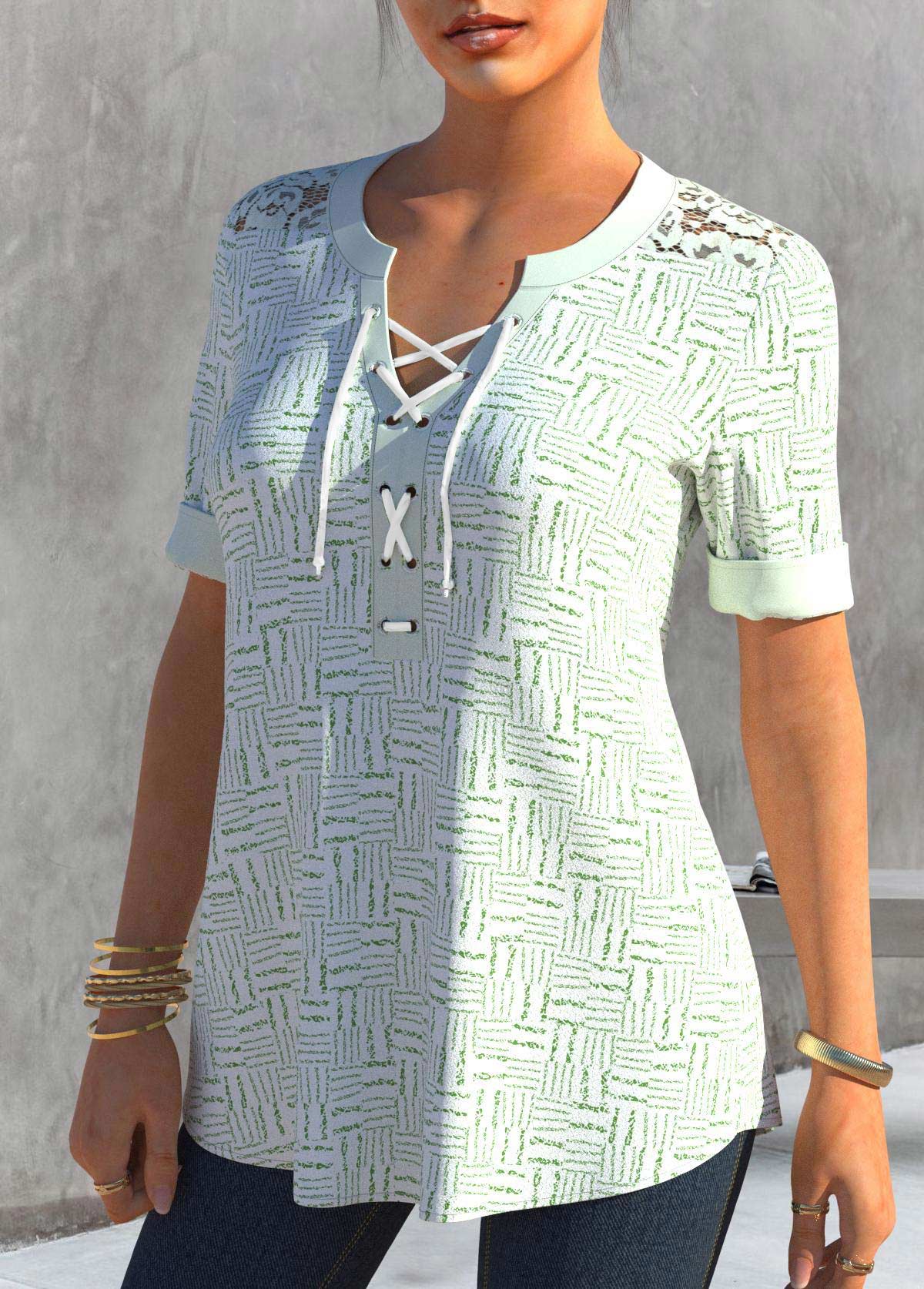 White tops,Geometric tops,ROTITA Lace Stitching Striped Short Sleeve White Blouse