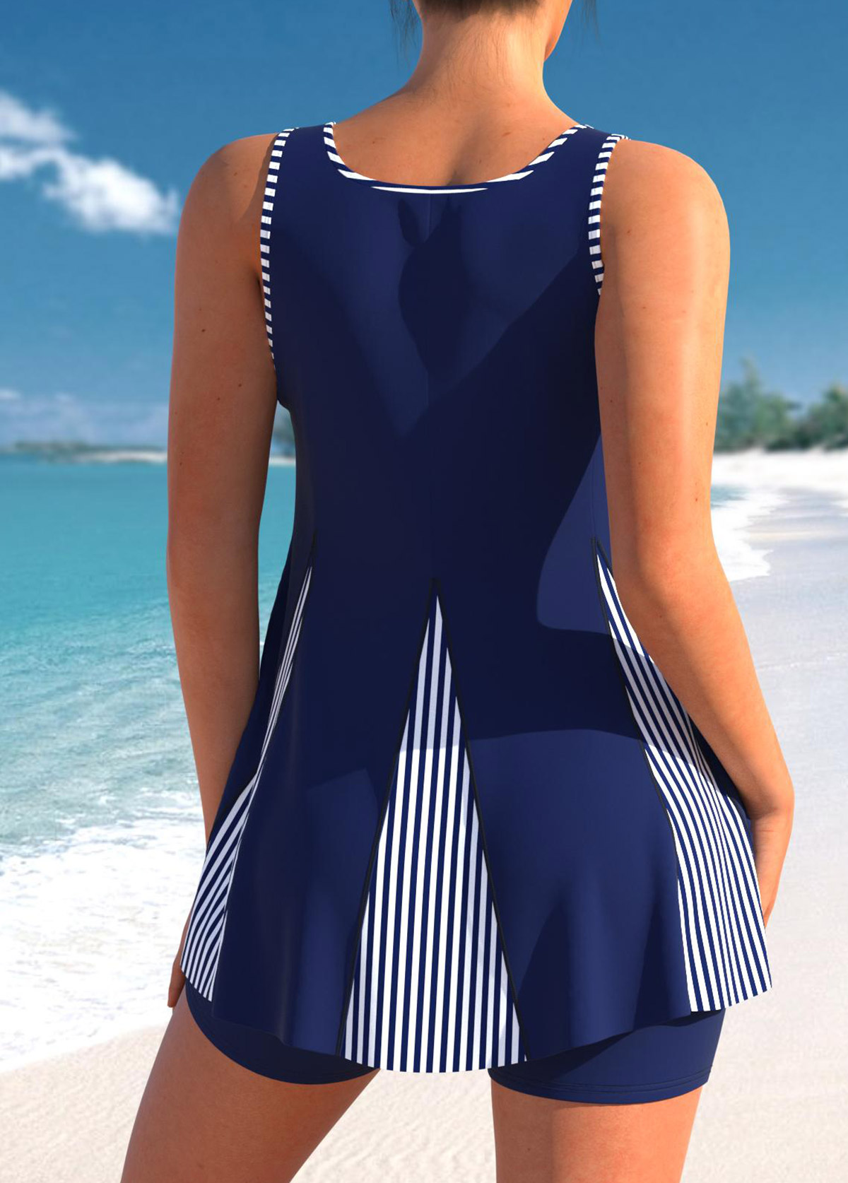 Navy swimwear,Striped swimwear,ROTITA Stripe Print Bowknot Navy Blue Tankini Set