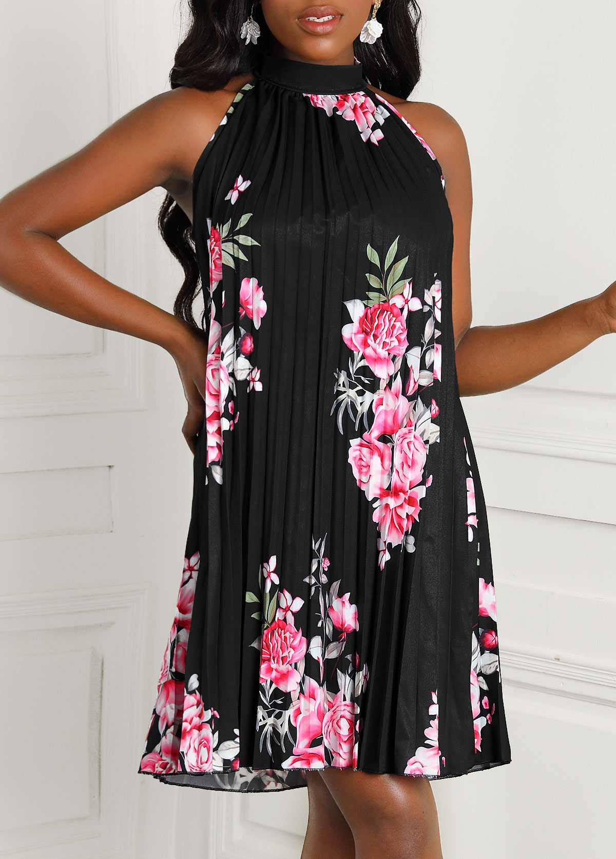 Black Floral Print Bib Neck Sleeveless Dress