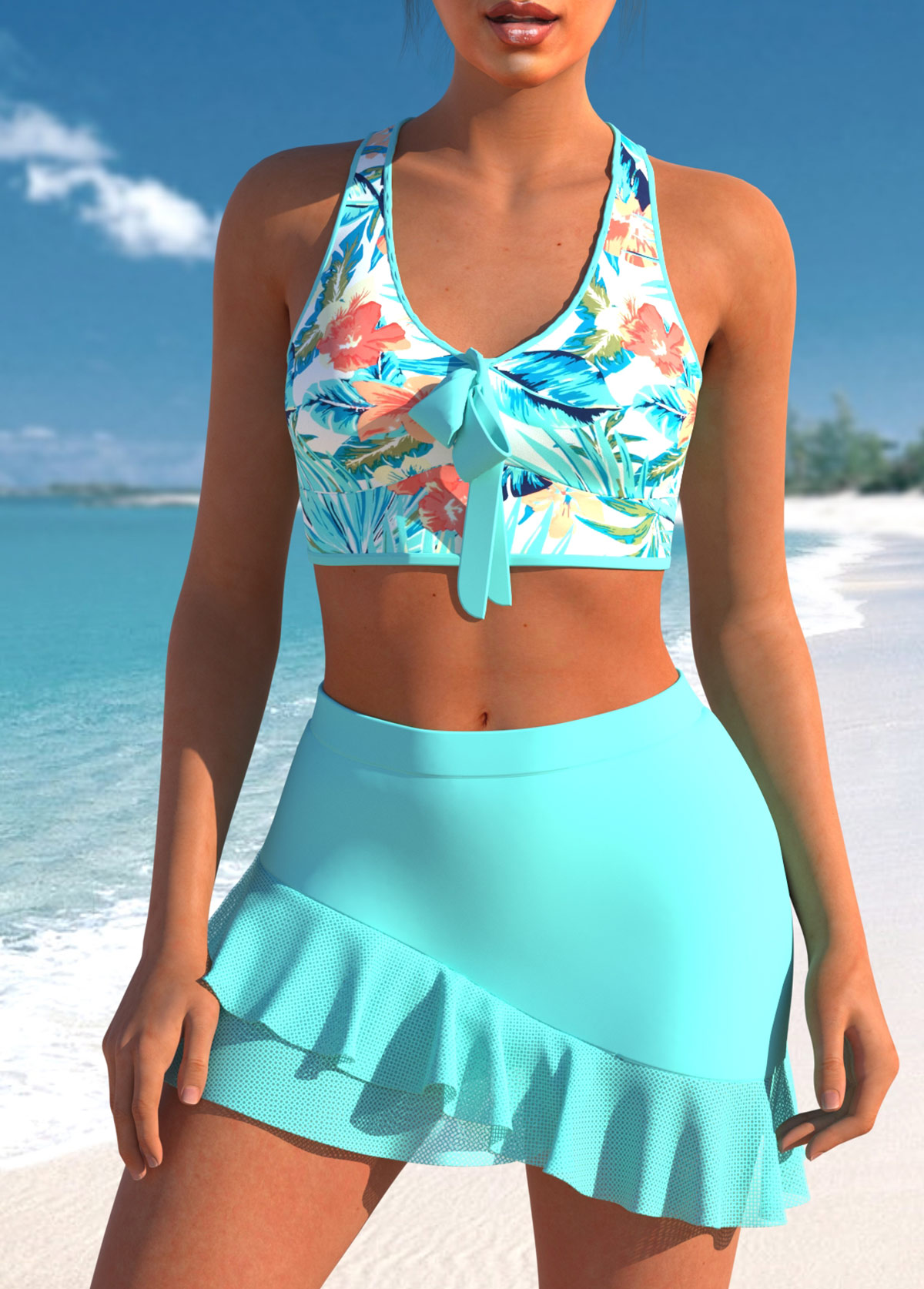 Cyan swimwear,Plants swimwear,ROTITA Cyan Tropical Print Cross Strap Bikini Set