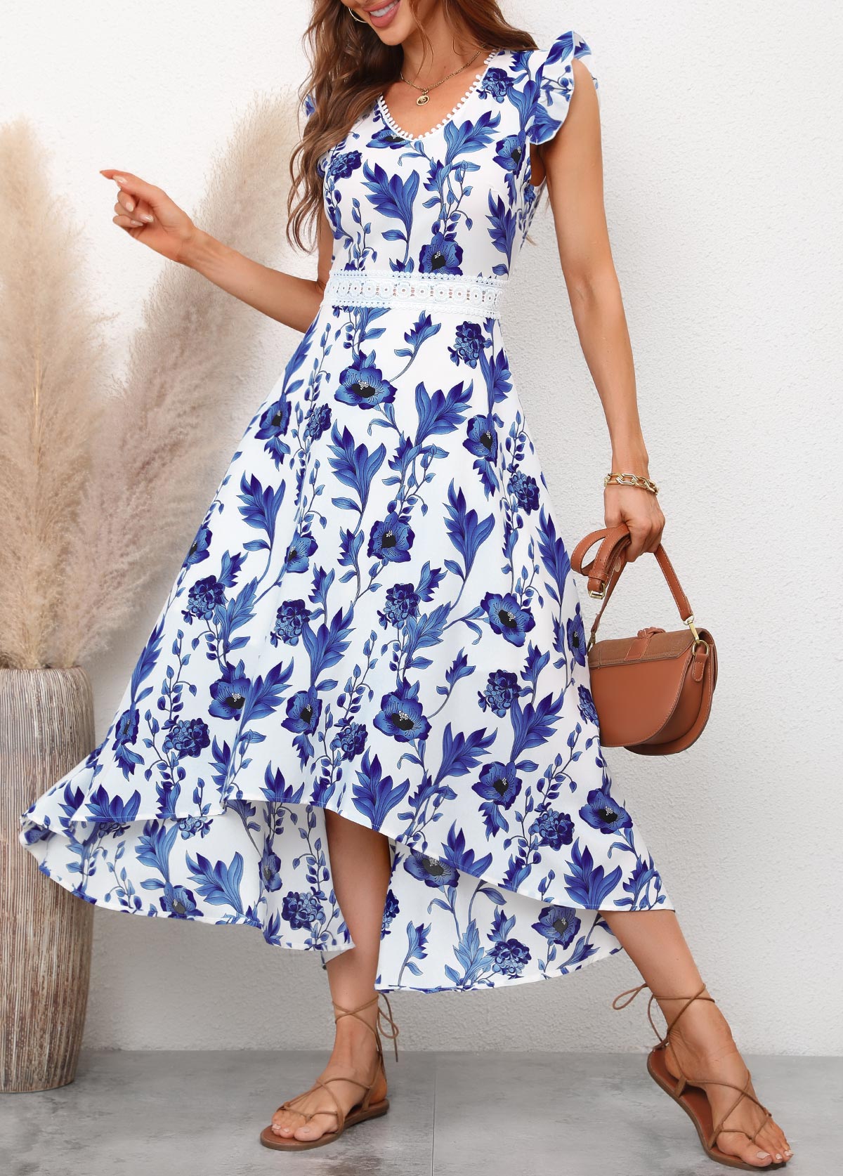 Ruffle Sleeve Lace Stitching Floral Print Blue Dress