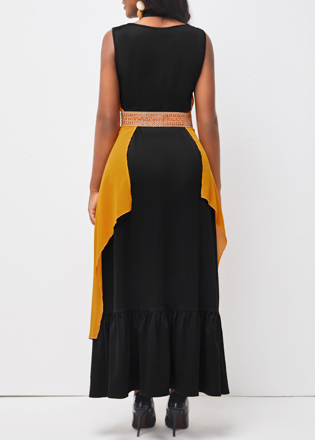 Ginger dresses,Plain Color dresses,ROTITA Tie Front Ginger Halter Ruffle Hem Belted Dress
