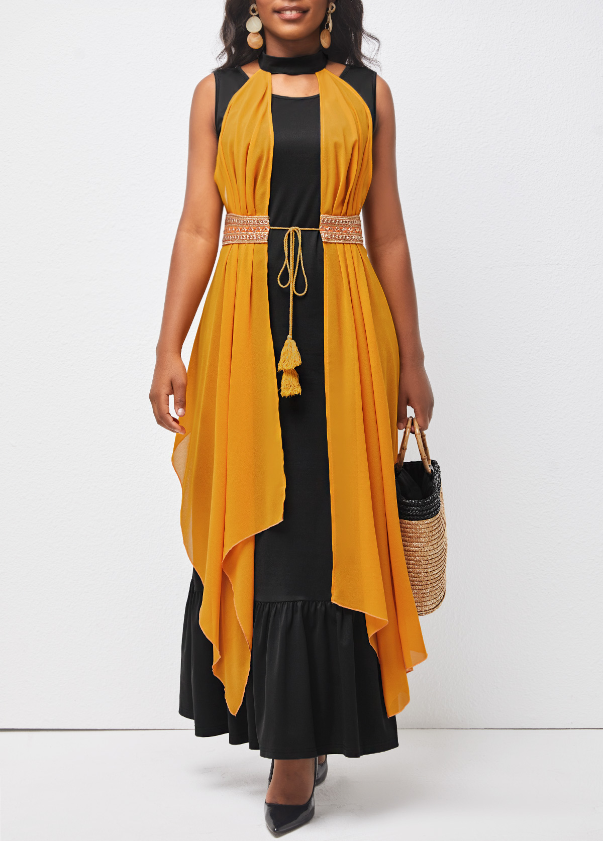 Ginger dresses,Plain Color dresses,ROTITA Tie Front Ginger Halter Ruffle Hem Belted Dress