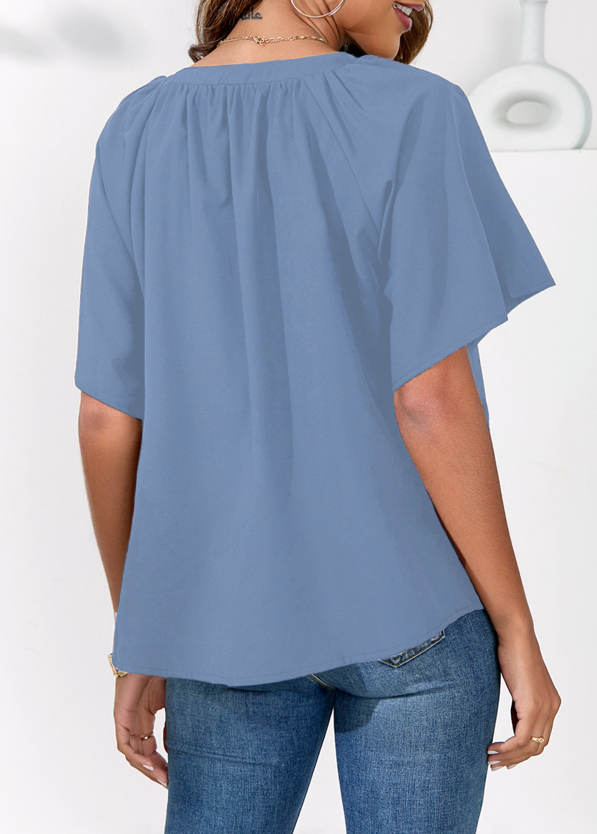 Blue tops,Plain Color tops,Split Neck Blue Butterfly Sleeve Blouse