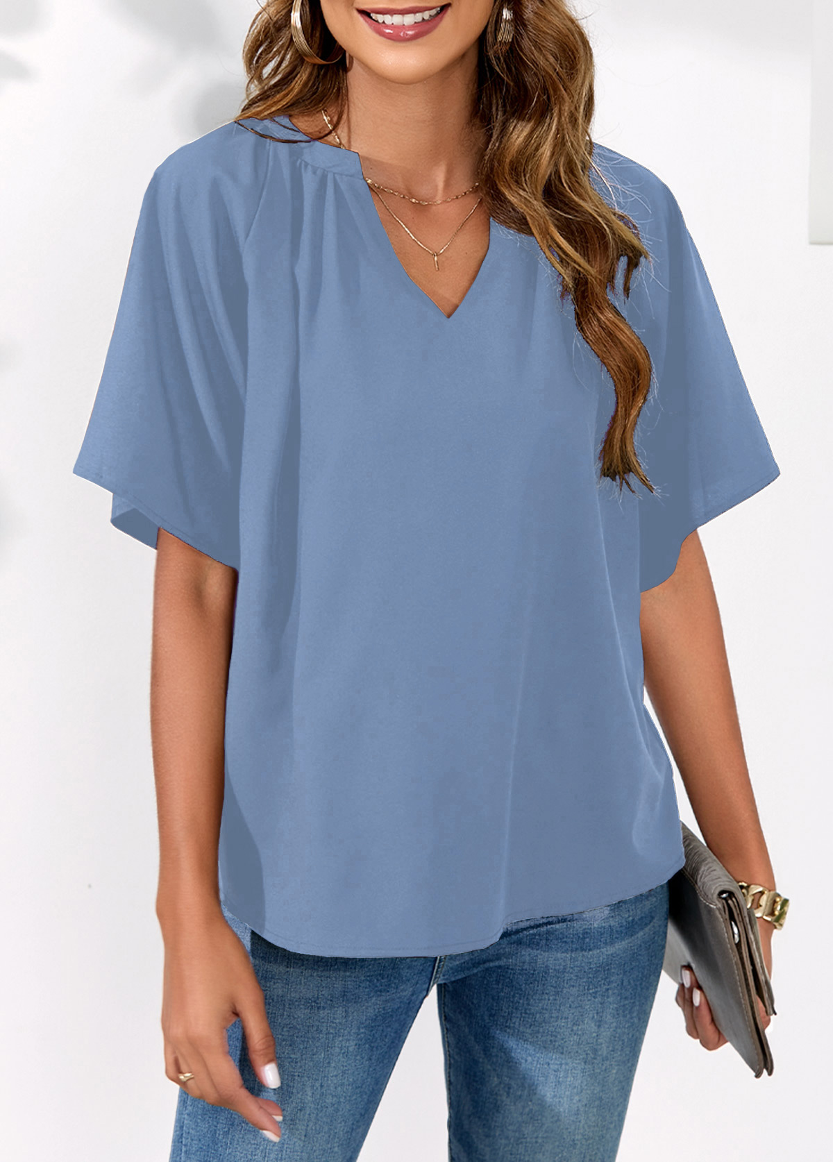 Blue tops,Plain Color tops,Split Neck Blue Butterfly Sleeve Blouse