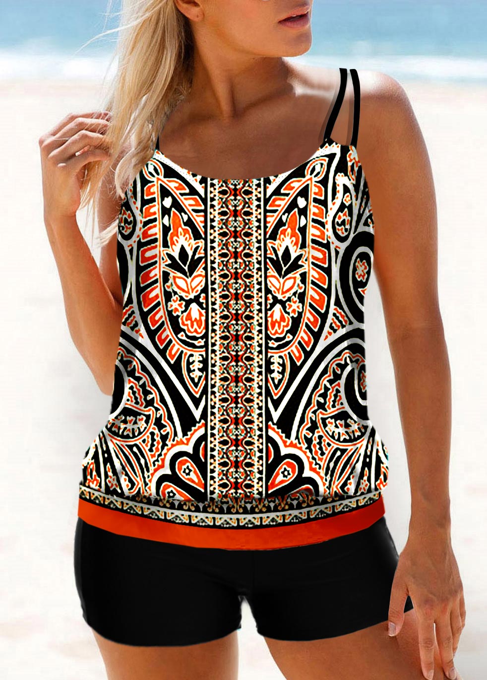 Multi Color swimwear,Tribal swimwear,ROTITA Multi Color Double Straps Tribal Print Tankini Top