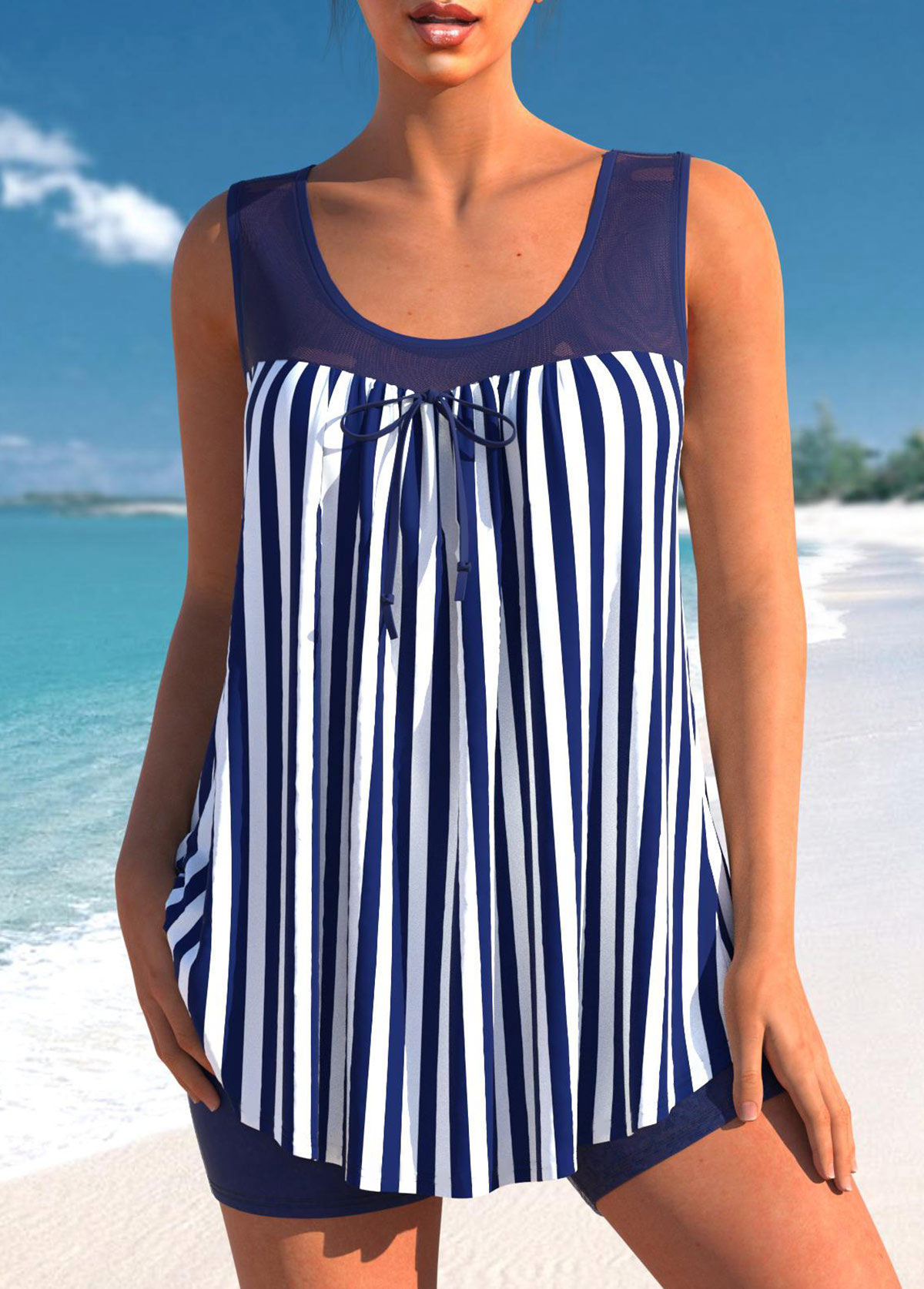 ROTITA Nautical Striped Bowknot Navy Blue Tankini Set