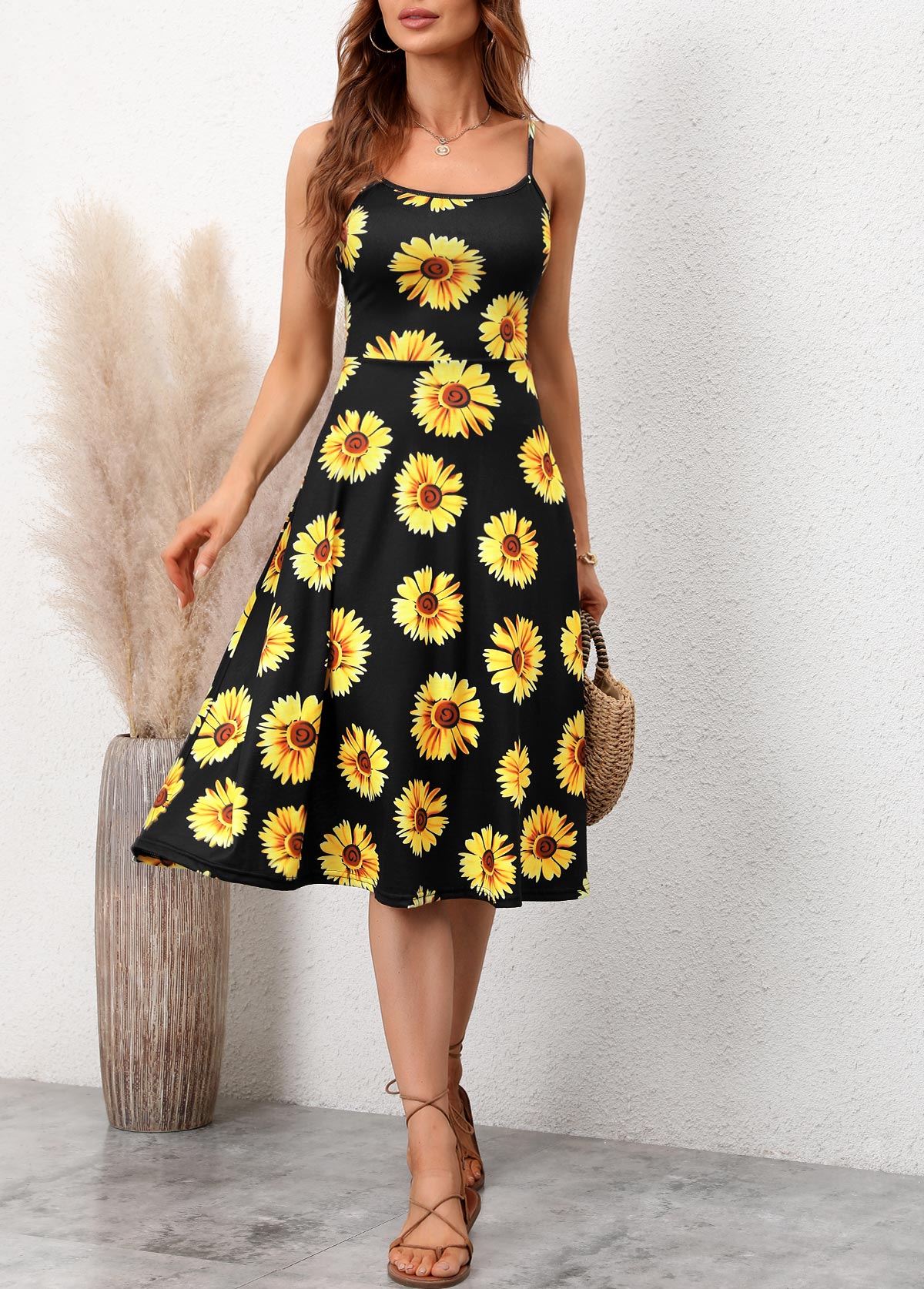 Sunflower Print Black Spaghetti Strap Dress